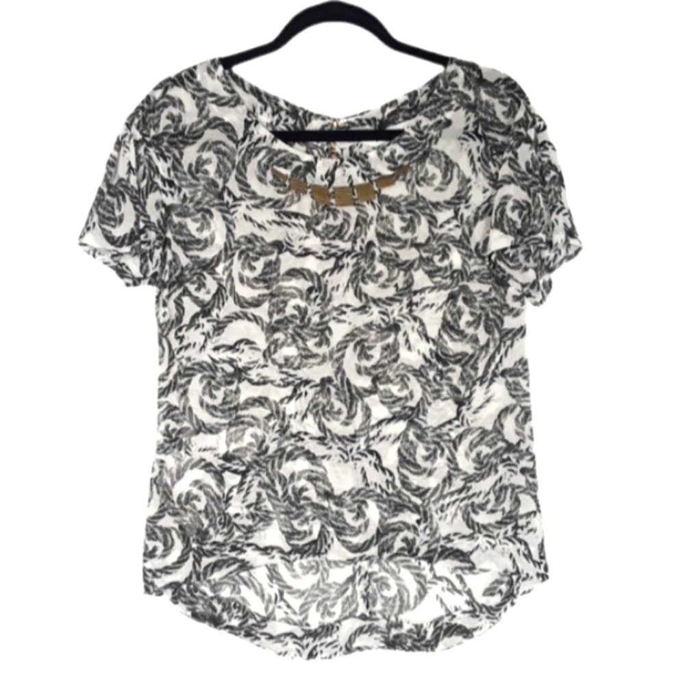 NEW BCBGENERATION Black White Swirl Print Semi Sheer Short Sleeve Top Small